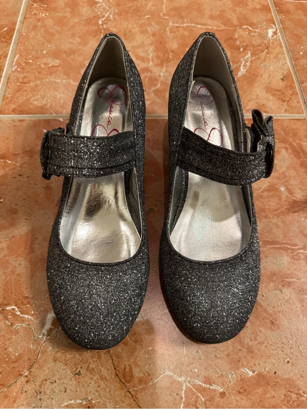 Jessica Simpson Girls Black Glitter Mary Jane Block Heel Dress Shoes Bow Size 3